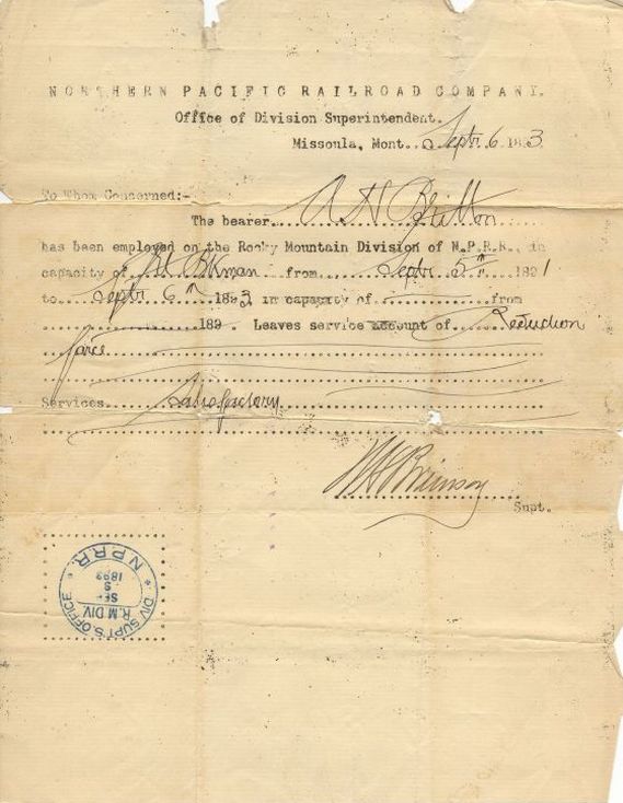 Northern Pacific Railroad documemt stating that Harry Britton has been employed as a brakeman for the train line in Montana between 1891 and 1893.